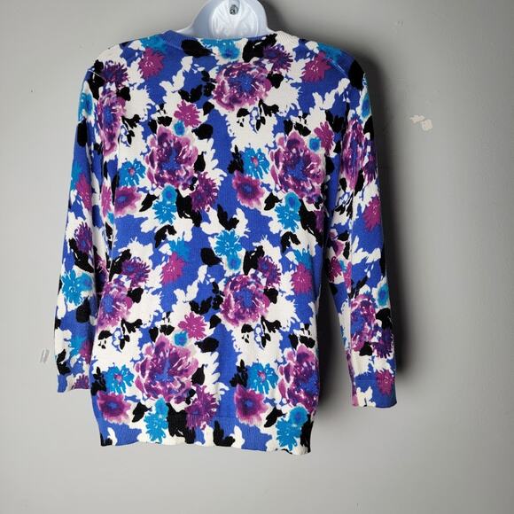 Madison Petite Floral Cardigan Sweater PM Purple Blue Button Front Knit Top - Picture 3 of 9